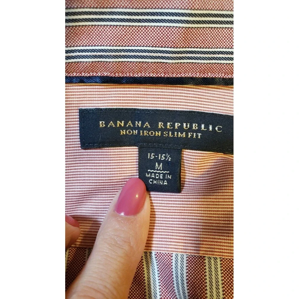 Banana Republic Shirt Non Iron Slim‎ Fit Men's M 15-15.5 Striped Red Office